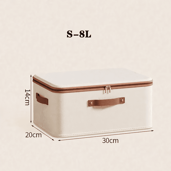 Beige Washable Fabric Storage Bin, Foldable Closet Organizer Box with Leather Handles, 8L Compact Collapsible Storage for Bedroom Wardrobe