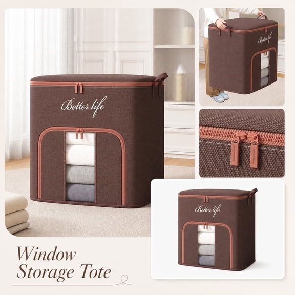 Foldable Clothing Storage Bag Organizer With Clear Window And Reinforced Handles For Closet Organization Blankets Comforters Bedding Seasonal Clothes Moving And Housewarming, Coffee