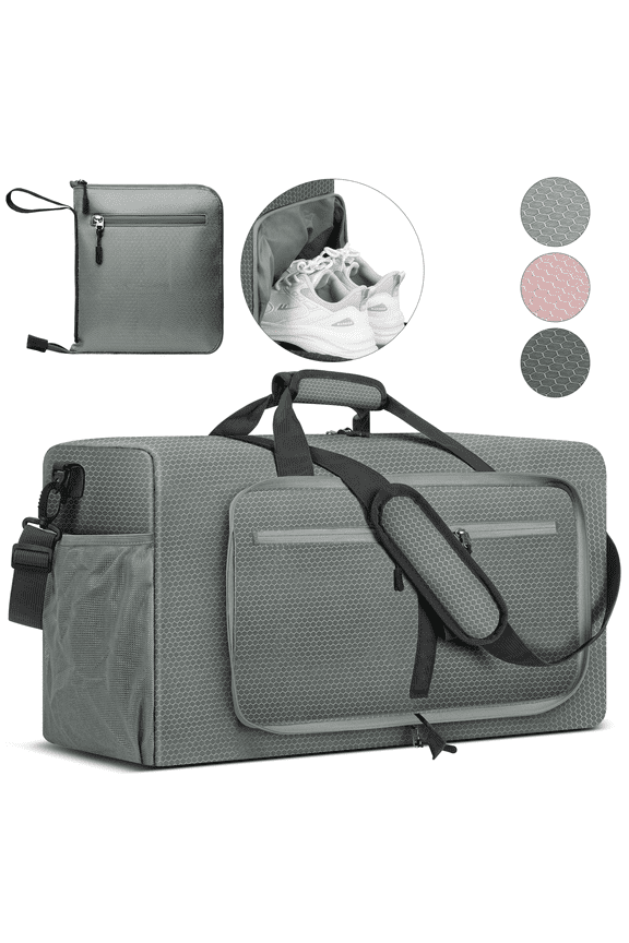 65L Travel Duffle Bag with Shoes Compartment, Weekender Overnight Bag for Women Men, Foldable Travel Duffel Bag Sports Tote Gym Bag Hospital Mom Tote Bag for Labor and Delivery Gray