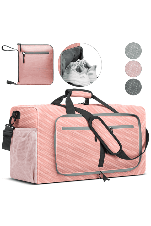 65L Travel Duffle Bag with Shoes Compartment, Weekender Overnight Bag for Women Men, Foldable Travel Duffel Bag Sports Tote Gym Bag Hospital Mom Tote Bag for Labor and Delivery Pink