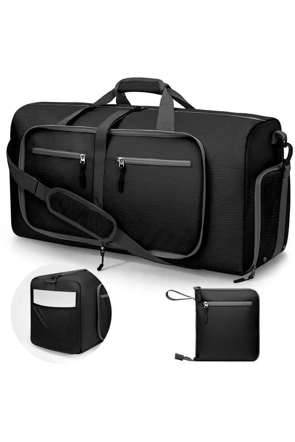 65L Travel Duffle Bag with Shoes Compartment, Weekender Overnight Bag for Women Men, Foldable Travel Duffel Bag Sports Tote Gym Bag Hospital Mom Tote Bag for Labor and Delivery Black