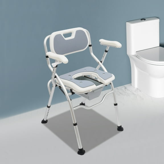 Foldable Commode Chair with Shower Spray Holder, 5-Position Height Adjustment (45-52cm), 3-Level Armrests (24-27cm), Drainage Holes EVA Seat, for Clinics/Bathrooms/Disabled
