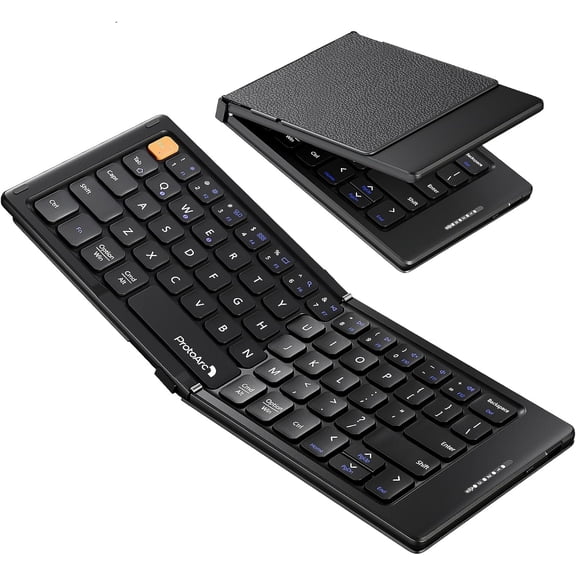 Foldable Compact Keyboard for Phone and Tablet, XK04 Pocket-Sized Travel Bluetooth Keyboard with PU Leather Cover, 3 Device Workflow for On-the-Go Typing - Black