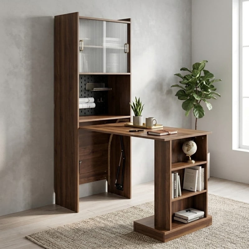 Foldable Computer Desk with 2 Sliding Glass Doors, Writing Study Table with Pegboard, Office Desk Workstation with Storage Shelves for Home Office