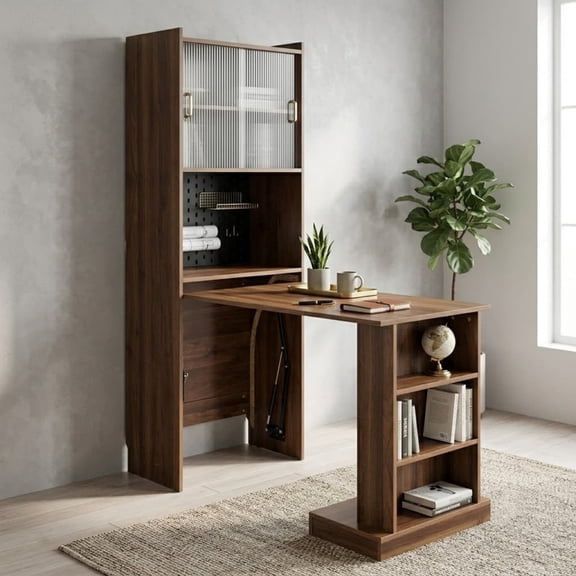Foldable Computer Desk with 2 Sliding Glass Doors, Writing Study Table with Pegboard, Office Desk Workstation with Storage Shelves for Home Office