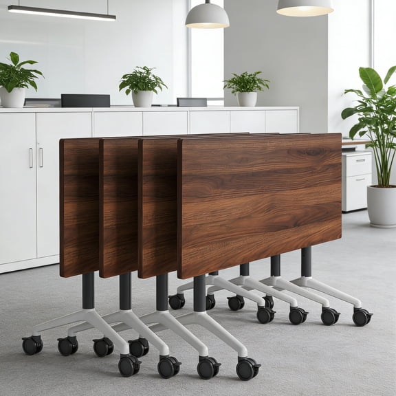 Foldable Conference Table with Wheels 55.1in 4PCS, Modern Mobile Training Tables for Office Classroom Walnut