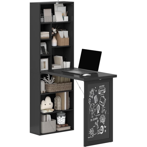 Foldable Convertible Writing Table, Wall Mounted Space-Saving Computer Desk with Chalkboard and Storage Shelves for Small Spaces, Home Office, Bedroom, Dorm, Apartment, Black