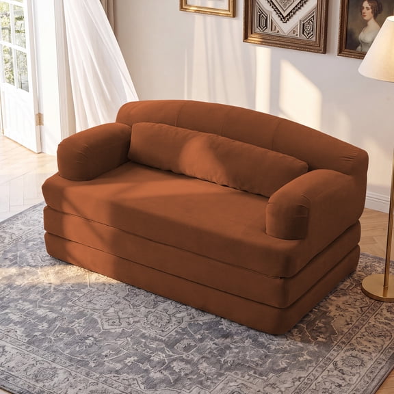 Foldable Corduroy Loveseat Sleeper Sofa Bed, High-Density Foam Convertible Couch for Small Spaces Guest Room, Orange.
