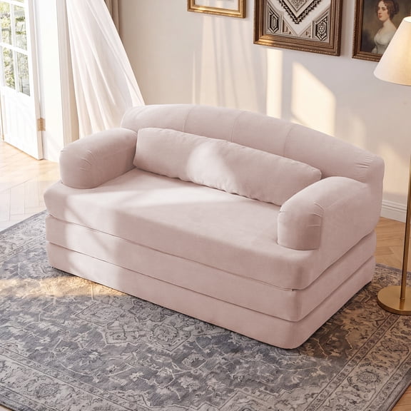 Foldable Corduroy Loveseat Sleeper Sofa Bed, Convertible Couch with High-Density Foam & Removable Cover, for Small Apartments Guest Rooms,Pink