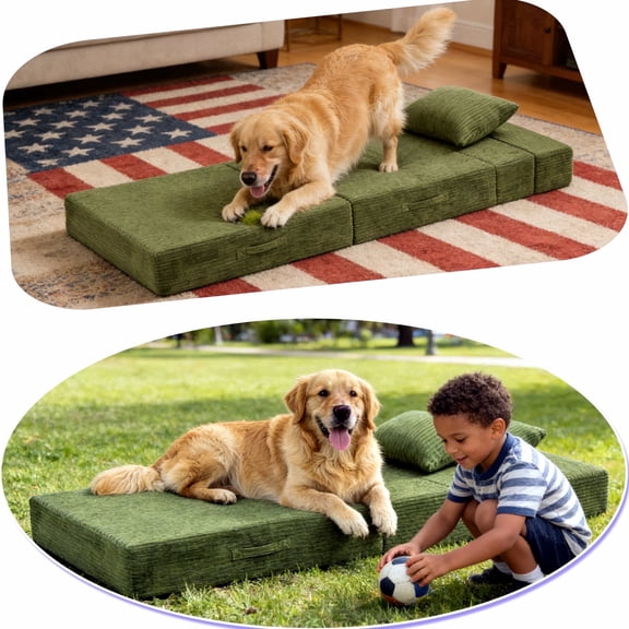 Jakoola Extra-Long 76"x26" Foldable Corduroy Pet Bed with Pillow, Portable Dog Sofa with Storage Bag, 3-in-1 Convertible Design for Small to Large Dogs