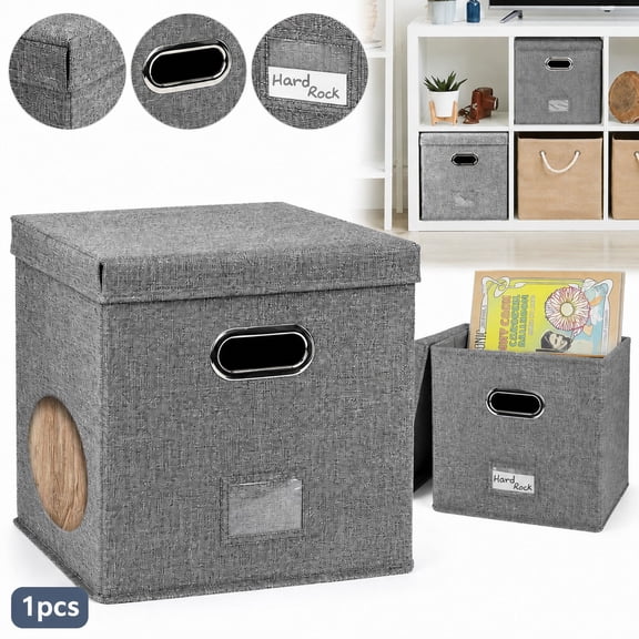 Foldable Cotton Linen Storage Box with Lid 33x33x33cm, Breathable Fabric Organizer Bin for Vinyl Records Home Clutter