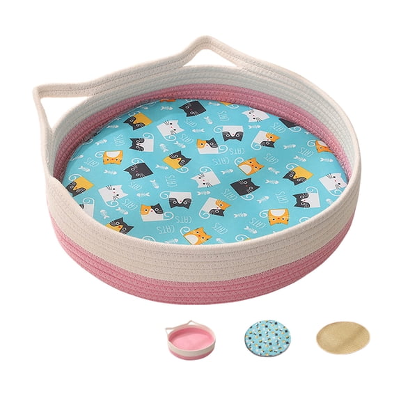 Foldable Cotton Rope Cat Basket Bed - Multi-Size Pet Nest for Cats & Small Dogs, Natural Fiber Sleeping Pod with Cushion, Dual-Purpose Scratcher & Lounger for All Seasons