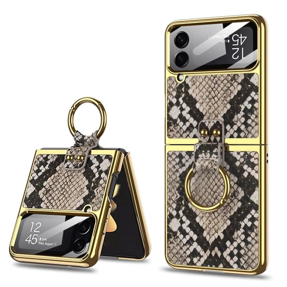 Foldable Cover for Galaxy Z Flip4 5G 2022, Electroplated PU leather with Braided Textures Metal Ring/Holder Kickstand [Screen Shell Frame] Durable Luxury Elegant Case, Python