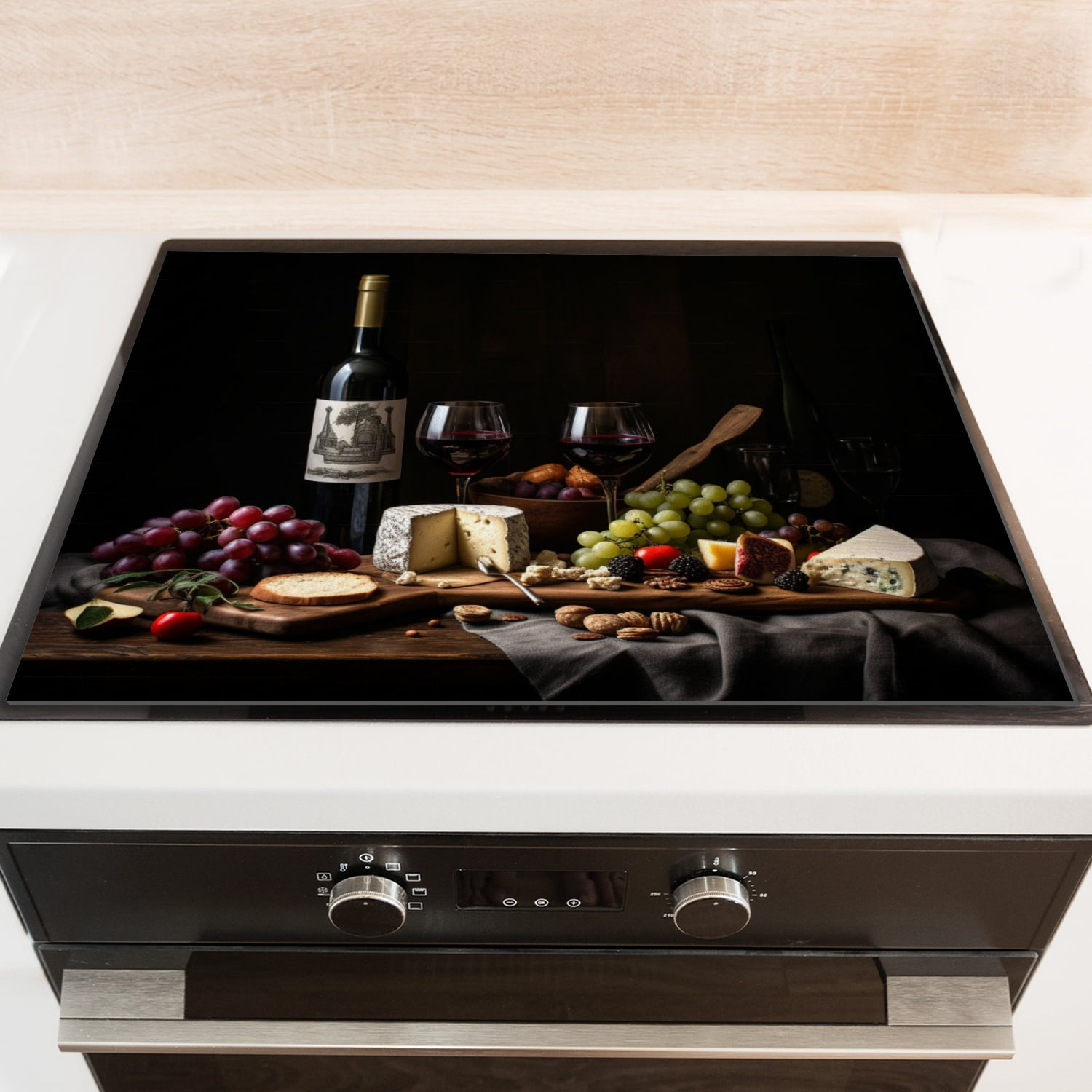 Foldable Cover for Stove Top Electric Flat Top, Red Wine Grape Cheese Picture,Square Stove Burner Covers Mat for Kitchen RV (28×20 Inch)