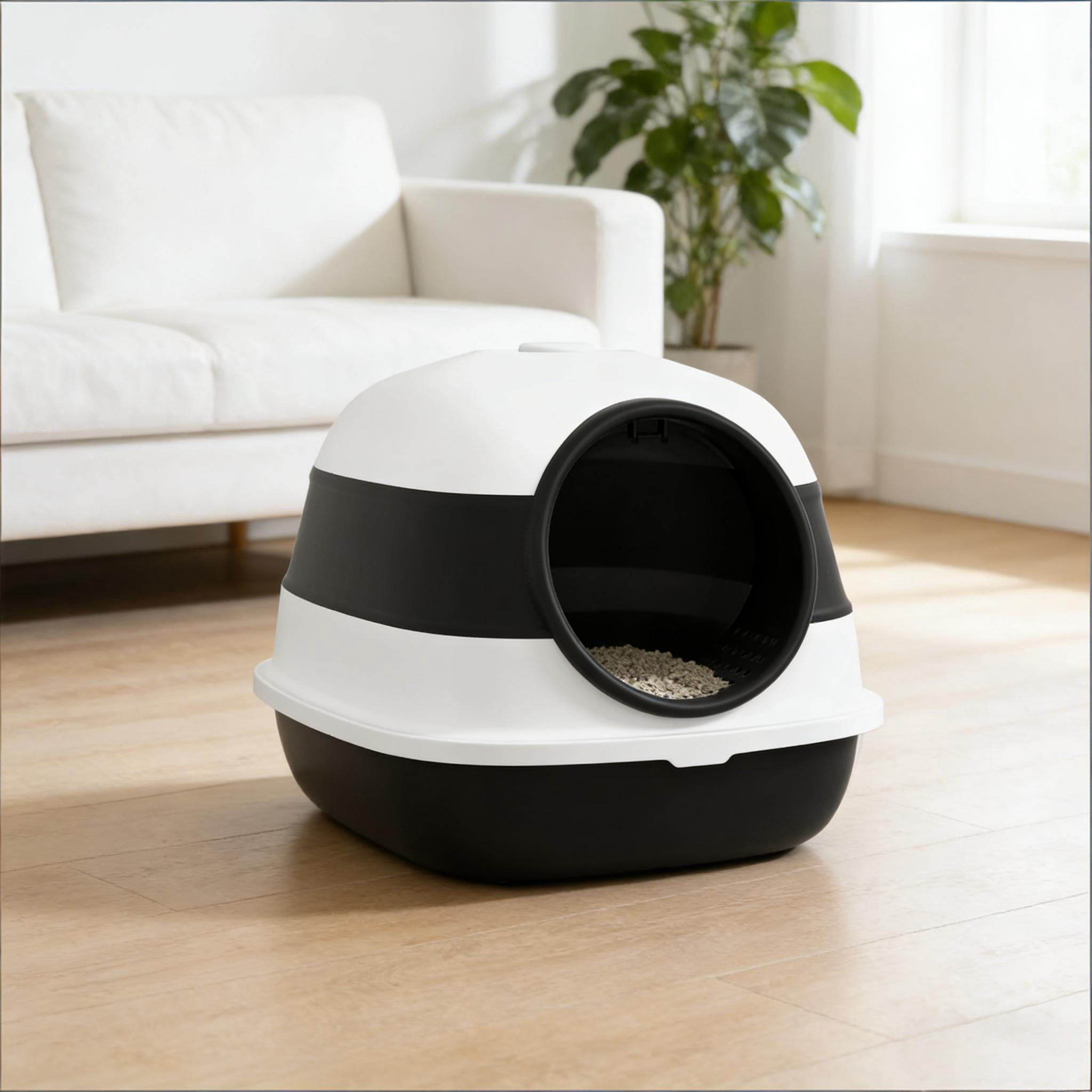 Foldable Covered Cat Litter Box, Black & White Enclosed Litter Box with Air Freshener, Litter Grate & Scoop, High Edge Lid, Privacy Cat Toilet for Cats Up to 10lbs