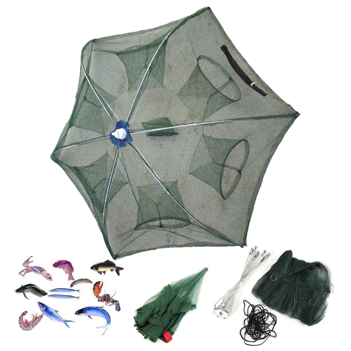 Foldable Crab Net Trap Cast Dip Cage Fishing Net for Fish Minnow Crawfish  Shrimp Umbrella Design (Six Entrance) 