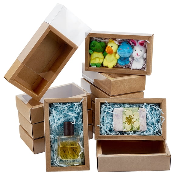 Foldable Creative Kraft Paper Drawer Boxes with Clear PVC Cover Sheet Rectangle Saddle Brown 17.2x10.1x4.2cm
