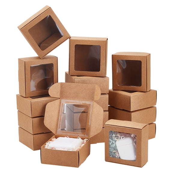 Foldable Creative Kraft Paper Mailer Boxes with Visible Window Shipping Boxes Square Saddle Brown 9.1x9.1x4cm