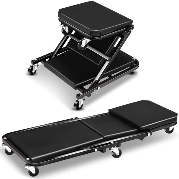 Foldable Creeper, 2-in-1 Rolling Garage Z Creeper Car & Seat, 36" Roller Mechanics Under Car Chair, 330 LBS Weight Capacity Heavy Duty, Black