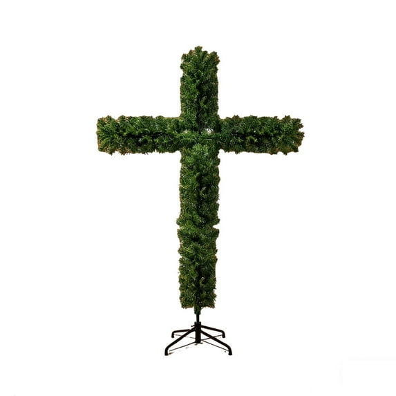 Foldable Cross Christmas Tree 150cm - Pre-Lit Outdoor Artificial Tree with LED Lights, Waterproof Religious Holiday Decor for Yard/Patio, Includes Silk Scarf & Wood Ring