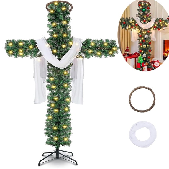 Foldable Cross Christmas Tree, Foldable Christmas Tree Cross, Pre-Lit Artificial Pine Christmas Cross, Outdoor Staked Twinkling Christmas Trees, with LED Light and Silk Scarf Wood Rattan Ring