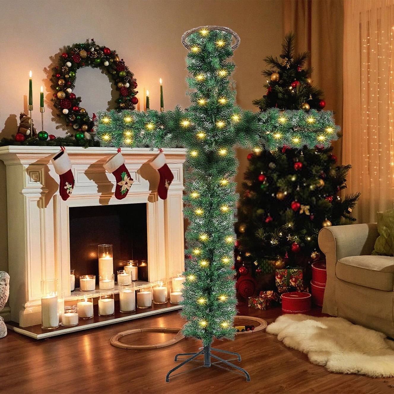 Crossmas Tree Foldable Cross Christmas Tree, Pre-Lit Artificial Pine Christmas Cross ...