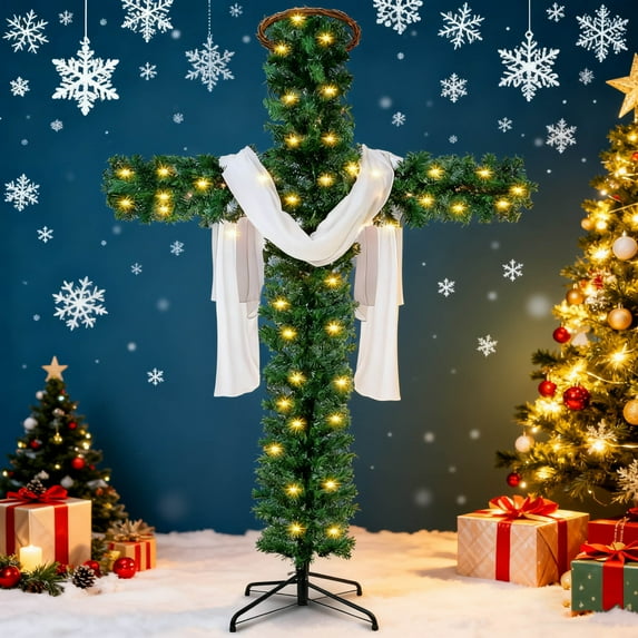 Foldable Cross Shaped Christmas Tree with LED Lights – Artificial Outdoor Staked Holiday Tree Includes Silk Scarf Wood Rattan Ring Easy Setup and Storage, Festive Yard or Home Decoration