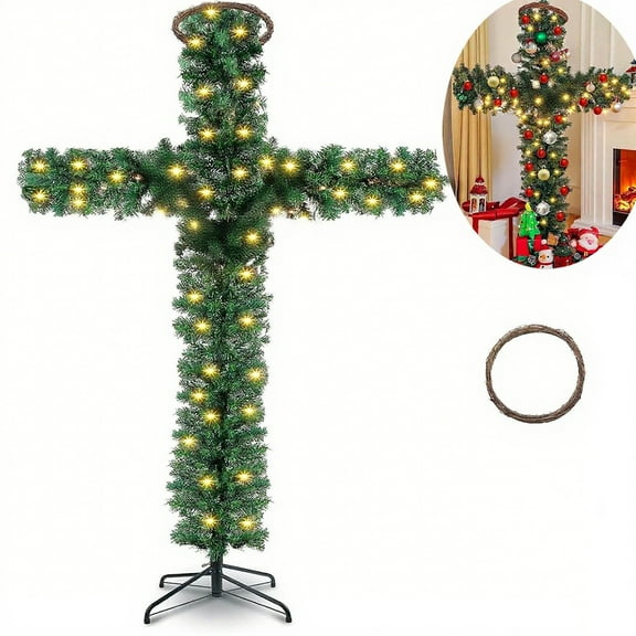 Foldable Cross-Shaped Christmas Tree - Pre-Lit with LED Lights & Wicker Ring, Artificial Indoor Outdoor Holiday Decor, Easy Assembly Festive Tree for Christmas