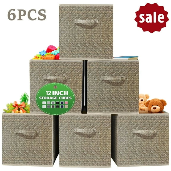 Foldable Cube Storage Bins Set of 6 for Closet Organizers, 12-inch Soft Storage Box for Toys and Clothes - Brown