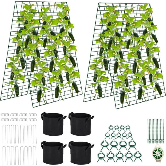 Foldable Cucumber Trellis 2 Pack, 48" L x 34" W A-Frame Trellis, Climbing Plants Support Raised Bed Trellis with Twist Ties & Plant Bags for Outdoor Yards Gardens