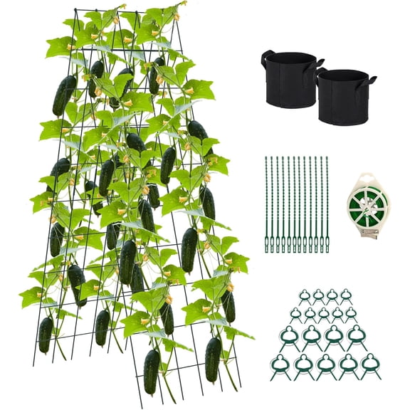 Foldable Cucumber Trellis 64" H x 20" W, A-Frame Garden Trellis for Raised Bed, Outdoor Climbing Plant Support with Twist Ties & Plant Bags for Climbing Plants Outdoor