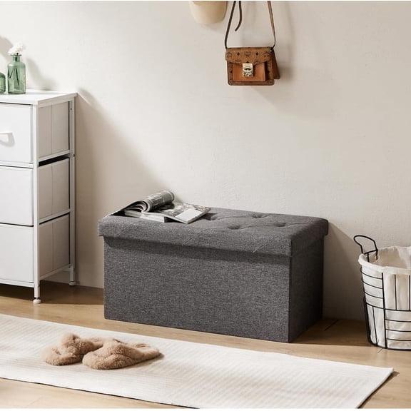 【Foldable Design】Sybels 30 in Storage Ottoman Bench, Padded Seat Foot Rest Stool, End of Bed Storage Chest for Bedroom & Living Room, 660lbs Capacity, Gray