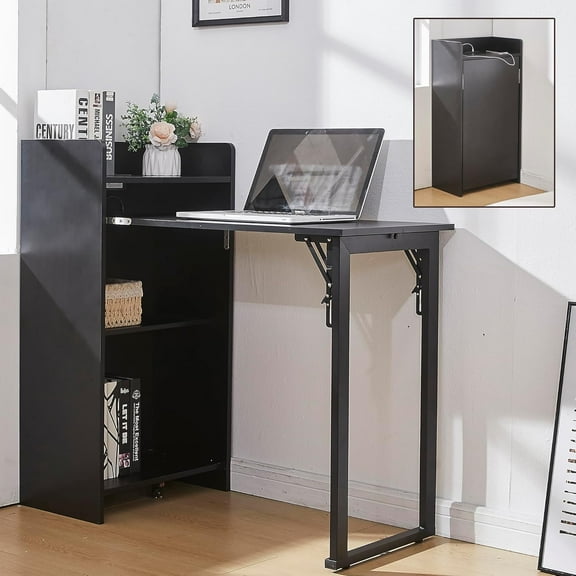 Foldable Desk,Hidden Desk with Storage and Built-in Socket,Mid Century Fold Out Table for Small Spaces,Home Office and Bedroom (Black)