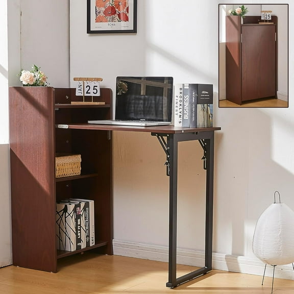 Foldable Desk,Hidden Desk with Storage and Built-in Socket,Mid Century Fold Out Table for Small Spaces,Home Office and Bedroom (Brown)
