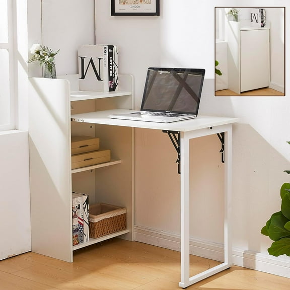 Foldable Desk,Hidden Desk with Storage and Built-in Socket,Mid Century Fold Out Table for Small Spaces,Home Office and Bedroom (White)