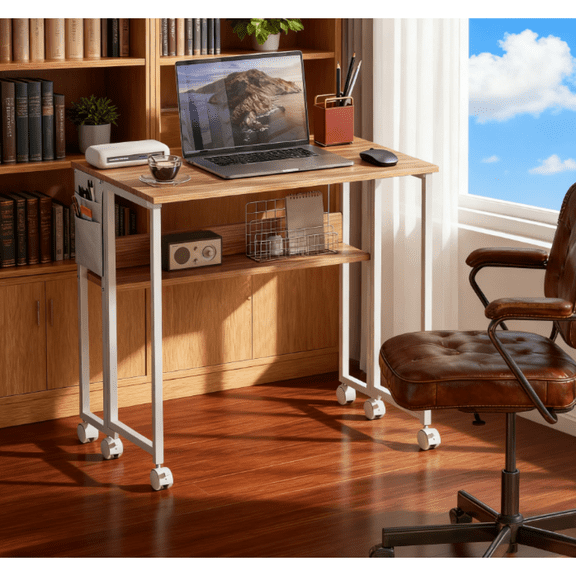 Foldable Desk with Storage Bag Shelf & Wheels - Space-Saving for Small Spaces & Home Office Use