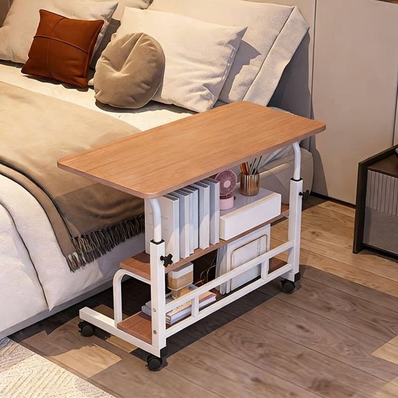Foldable Desk with Wheels, Adjustable Height & Storage Rack, Spacious Tabletop for Study Work Relax, Bedroom Living Room Office Bedside Table