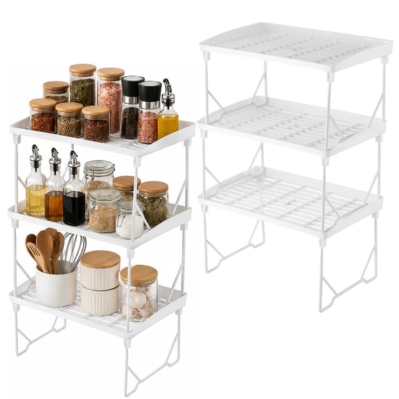 6 Pack Stackable Plastic Storage Shelf, Pantry Shelf Foldable Rack for Kitchen Countertop, Cabinet Organizer for Dormitory Desk Bathroom Makeup Storage, 12.4 x 7.8 x 6.9 in