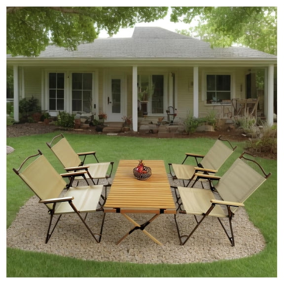 Foldable Dining Set, 5 Piece - Portable Table & 4 Chairs - Indoor/Outdoor - Beech Wood & Aluminum - Compact for Camping, Patio, Beach