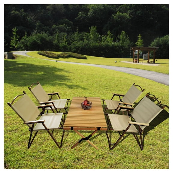 Foldable Dining Set - Table & 4 Chairs, Portable Outdoor Indoor, Beech Wood, Natural Finish