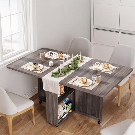 Foldable Dining Table, with Storage Drawer and 6 Wheels