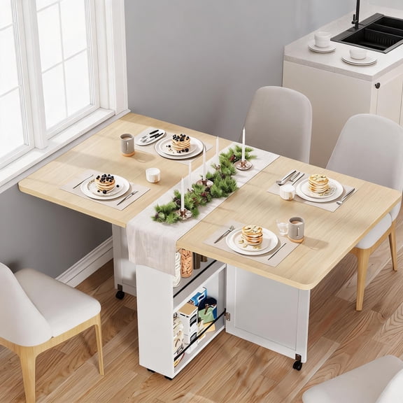 Foldable Dining Table, with Storage Drawer and 6 Wheels