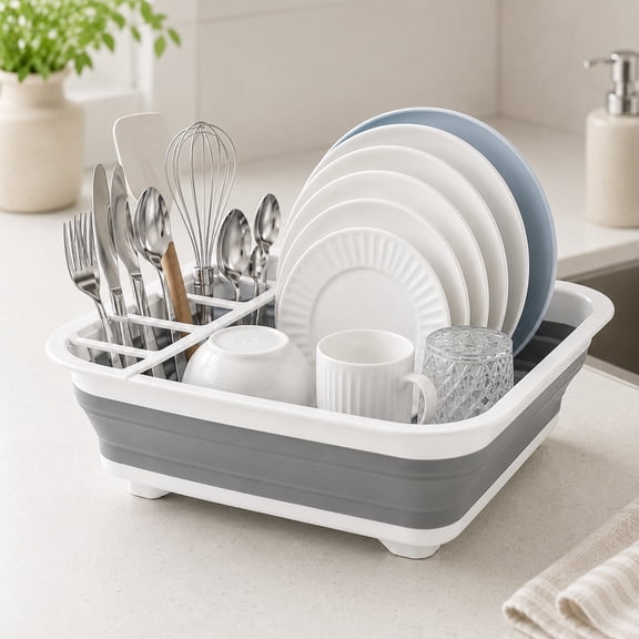 Foldable Dish Drainer for Kitchen Counter, Collapsible Dish Drying Rack with Detachable Utensil Holder for Small Spaces and RV