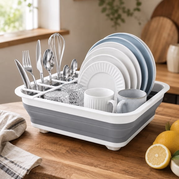 Foldable Dish Drainer for Kitchen Counter, Collapsible Dish Rack with Removable Compartments, Portable Dish Organizer for RV Camping