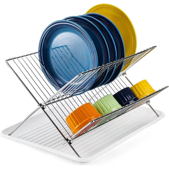 Foldable Dish Drying Rack with Drip Tray, Stainless Steel 2 Tier Dish Drainer Rack, Collapsible Dish Drainer, Folding Dish Rack for Kitchen Sink, Countertop, Cutlery, Plates, Dishes
