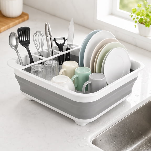 Foldable Dish Drying Rack for Counter, Collapsible Dish Drainer with Removable Sections, Compact Kitchen Organizer for RV Travel