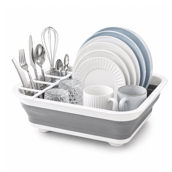 Foldable Dish Drying Rack for Kitchen Counter, Collapsible Dish Drainer with Removable Utensil Compartments for RV and Camper