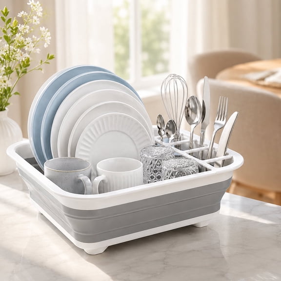 Foldable Dish Drying Rack for RV, Collapsible Dish Drainer with Removable Dividers, Compact Kitchen Counter Organizer for Camping