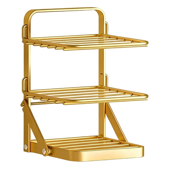 Foldable Dish Rack, Stainless Steel Folding Dish Storage Rack, Durable 3 Tier Dish Drying Rack, Space Saving Countertop Storage Shelf, Kitchen Pot Rack Pan Rack Holder, 1Pc(Gold,8.6x7.8x11.8")