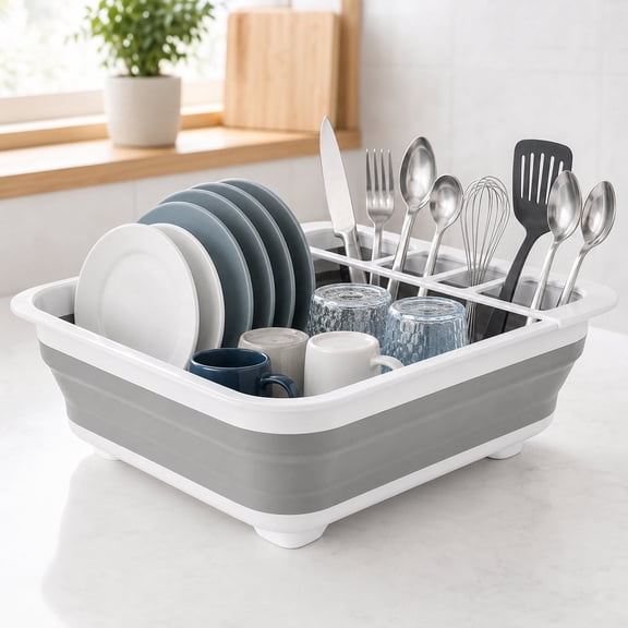 Foldable Dish Rack for Kitchen Counter and Sink, Collapsible Dish Drainer with Removable Utensil Compartments for RV Camping